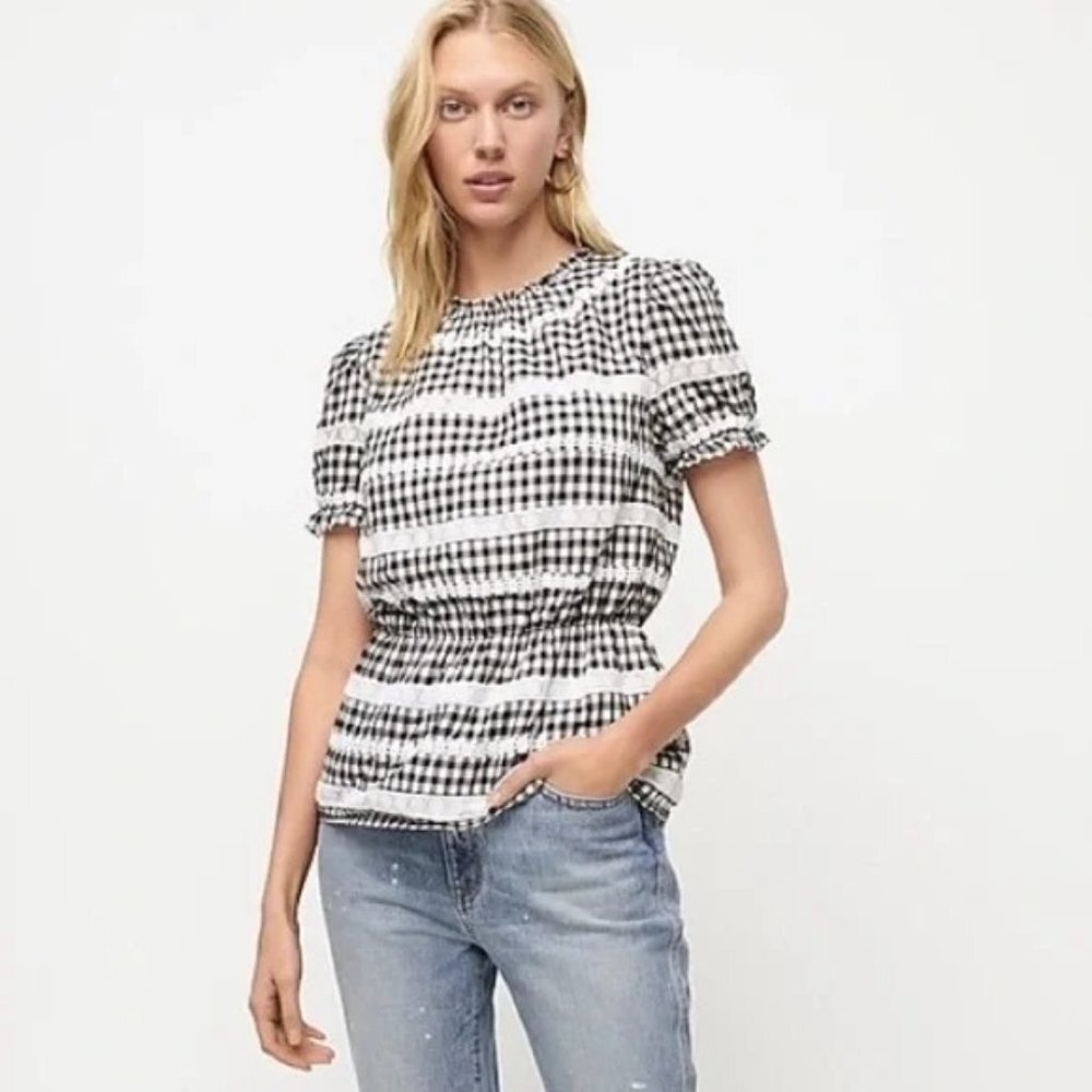 J.Crew‎ Daisy Chain Peplum Gingham Top Black/White XS